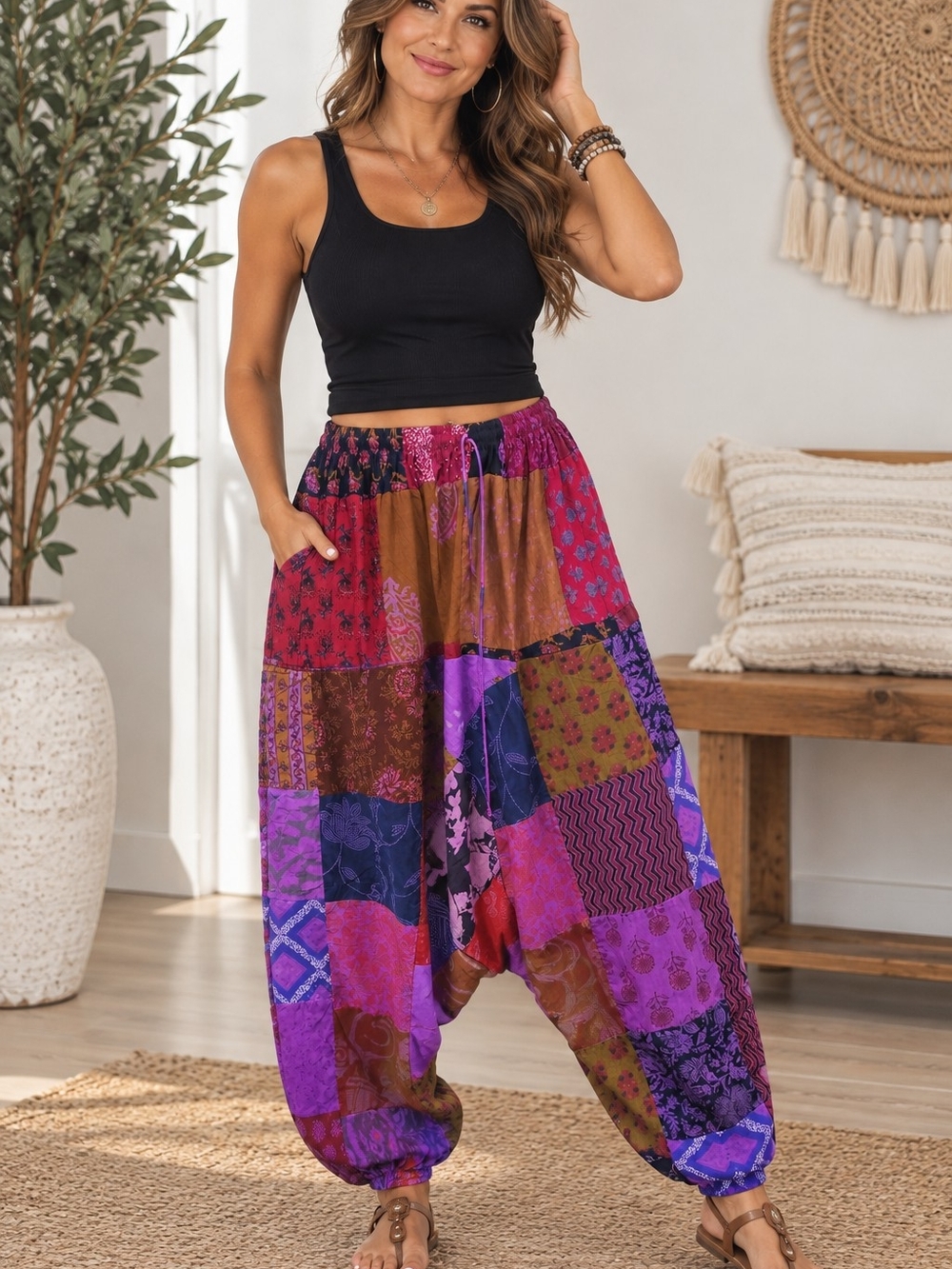 Women's Patchwork Harem Joggers - Purple Multi